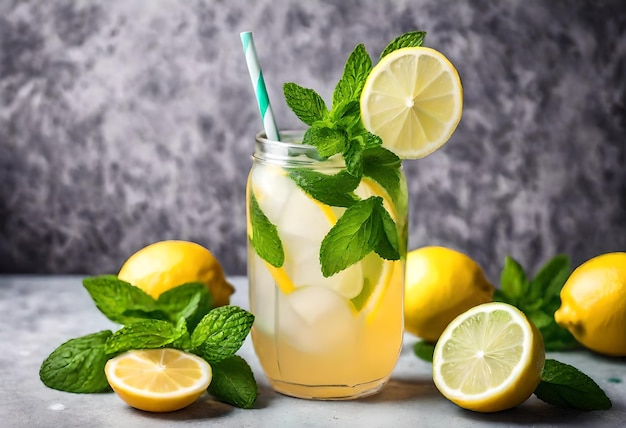 Photo a glass of lemonade with lemons and mint leaves