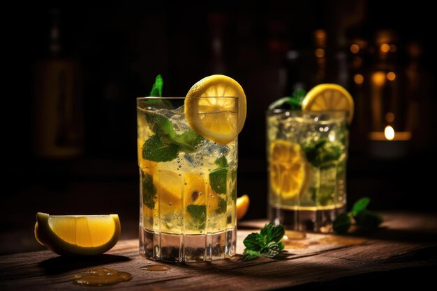 A glass of lemonade with lemons and mint on a wooden table.