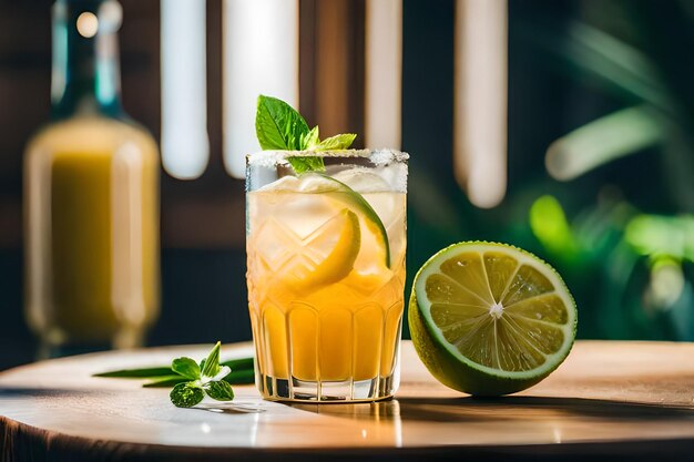 a glass of lemonade with lime and mint leaves.