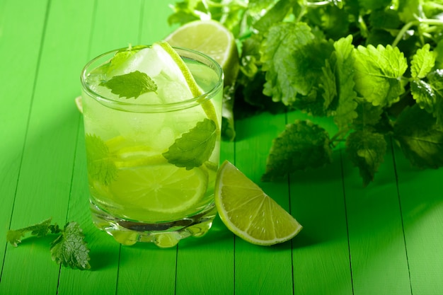 A glass of lemonade with lime and mint