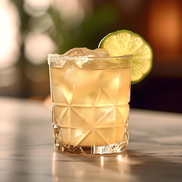 A glass of lemonade with a lime slice on the rim of it and a lime wedge on the rim