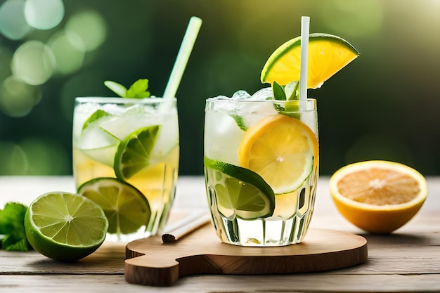 a glass of lemonade with limes and lime.