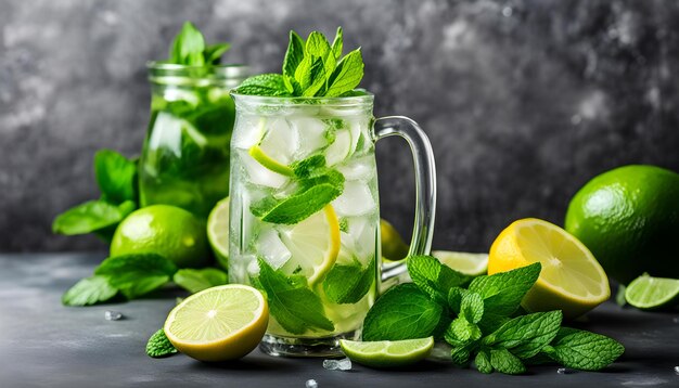 Photo a glass of lemonade with limes and mint leaves