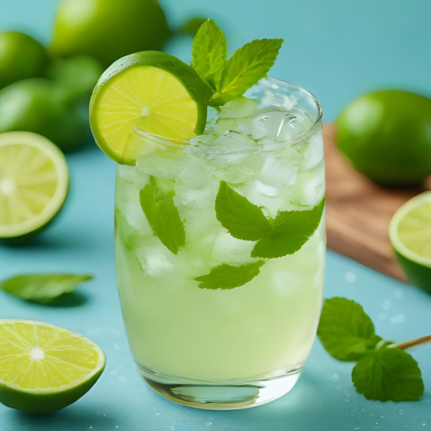 Photo a glass of lemonade with limes and mint leaves