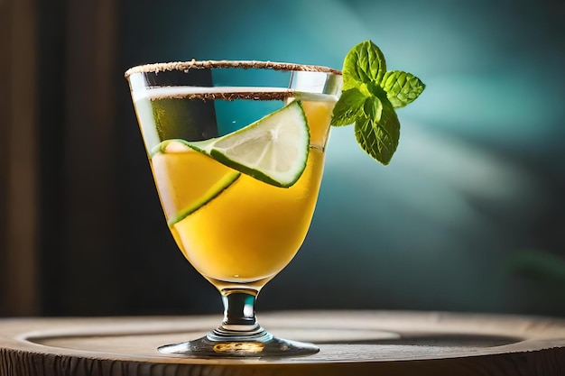 A glass of lemonade with a mint leaf on the side.