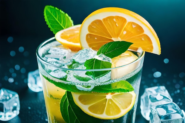 A glass of lemonade with mint leaves and a green mint leaf.