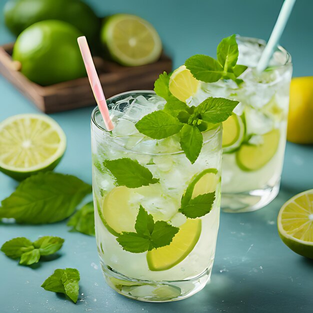 Photo a glass of lemonade with mint leaves and limes