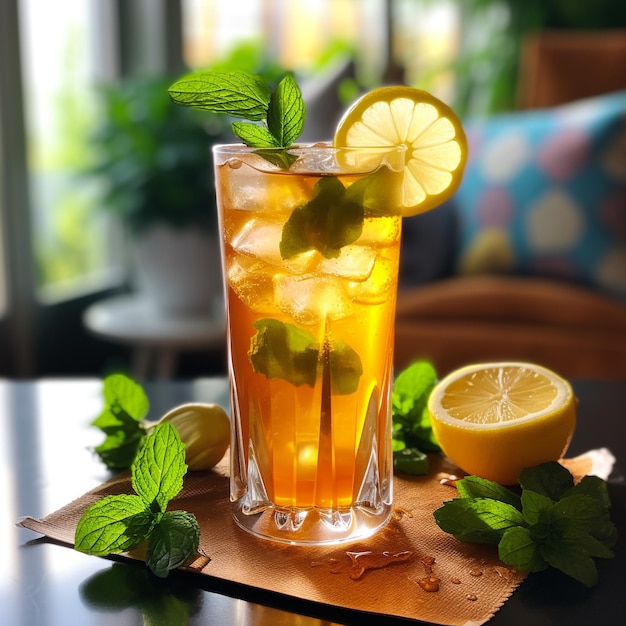 Foto un bicchiere di limonata con foglie di menta e foglie di moneta.