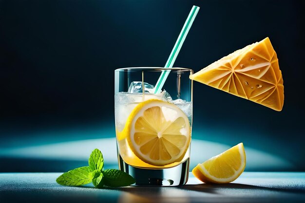 A glass of lemonade with mint leaves and a straw in the background.