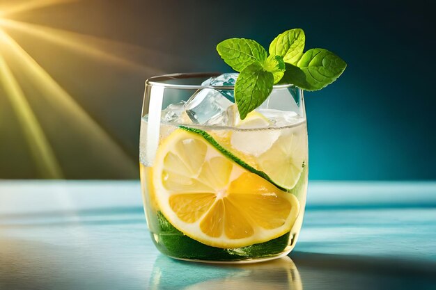 A glass of lemonade with mint leaves on the top