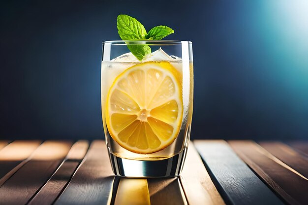 Photo a glass of lemonade with mint leaves on a wooden table.