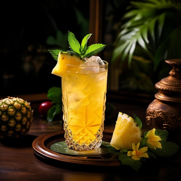 A glass of lemonade with a pineapple and pineapple on a tray.