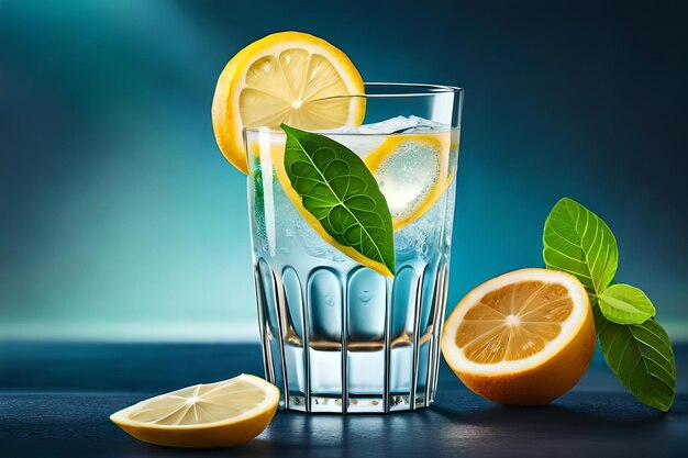 A glass of lemonade with a slice of lemon on a blue background.