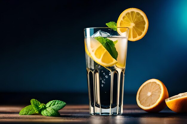 A glass of lemonade with a slice of lemon on the side