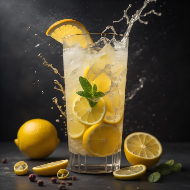 A glass of lemonade with a splash of lemons and mint leaves