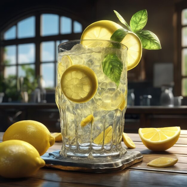 Foto un bicchiere di limonata con spruzzi sul tavolo