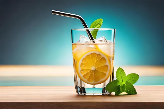 A glass of lemonade with a straw in it and a straw in the middle.