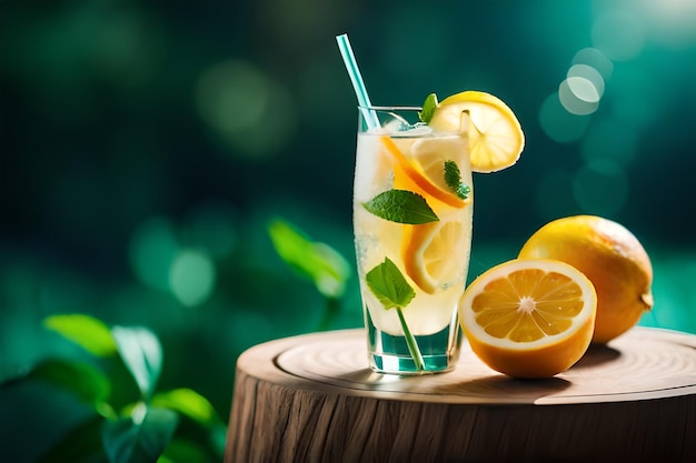 A glass of lemonade with a straw next to it