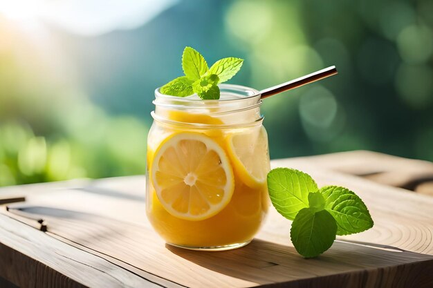 A glass of lemonade with a straw and mint leaves on a wooden table