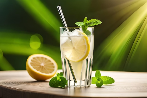 A glass of lemonade with a straw and mint leaves on a wooden table.