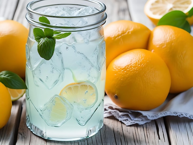 A glass of lemonade with a straw and sliced lemons