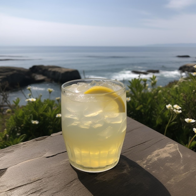 A glass of lemonade with a view of the ocean in the background.