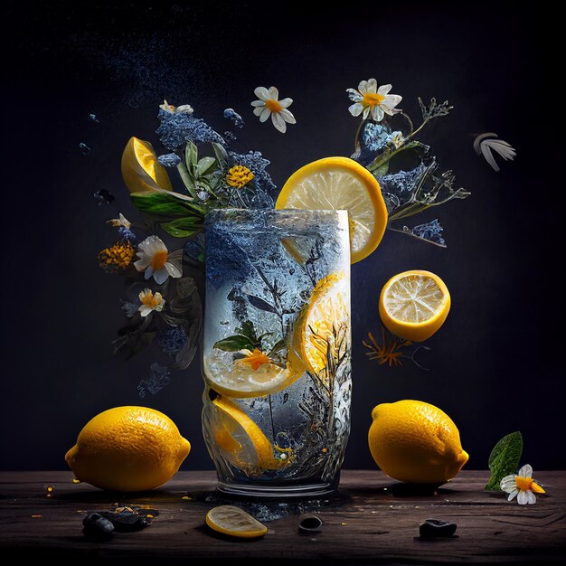 A glass of lemons and flowers with a blue background.
