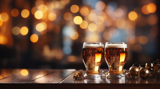 A glass of light beer on a Christmas background