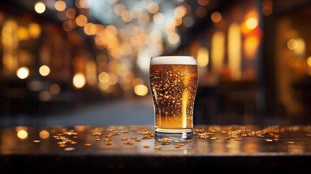 A glass of light beer on a Christmas background