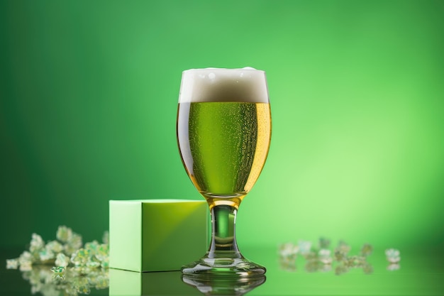 Photo a glass of light beer on a green background patric