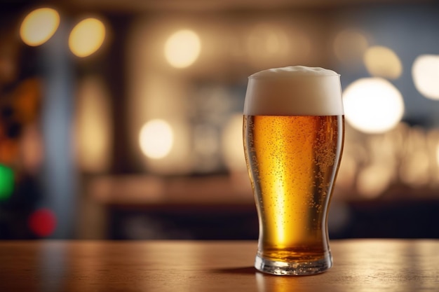 A glass of light beer on a table bar in pub