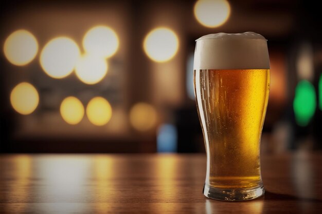 A glass of light beer on a table bar in pub