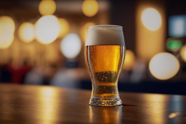 Стакан светлого пива на барной стойке в пабе