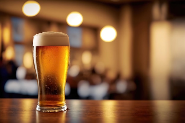 A glass of light beer on a table bar in pub