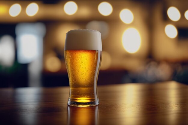 A glass of light beer on a table bar in pub