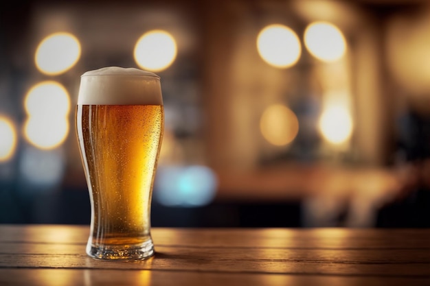 A glass of light beer on a table bar in pub