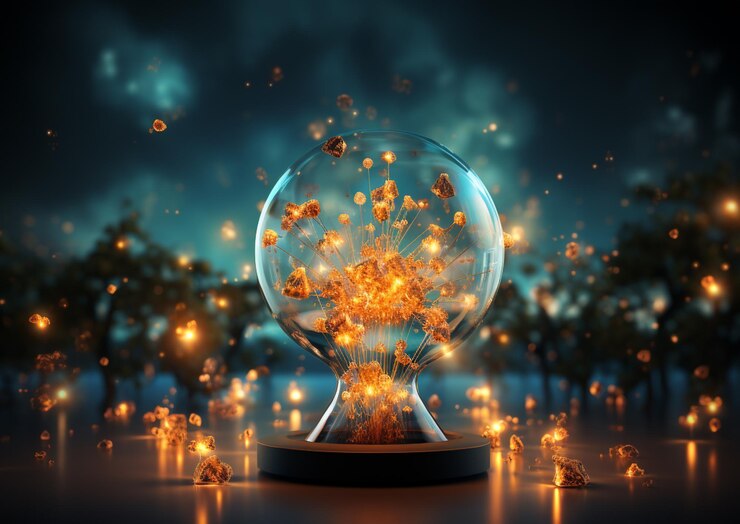 Photo a glass light bulb with a dark background and a place for your text.