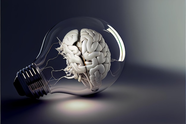 A glass light bulb with a destroyed white human brain inside lies on a dark gray background