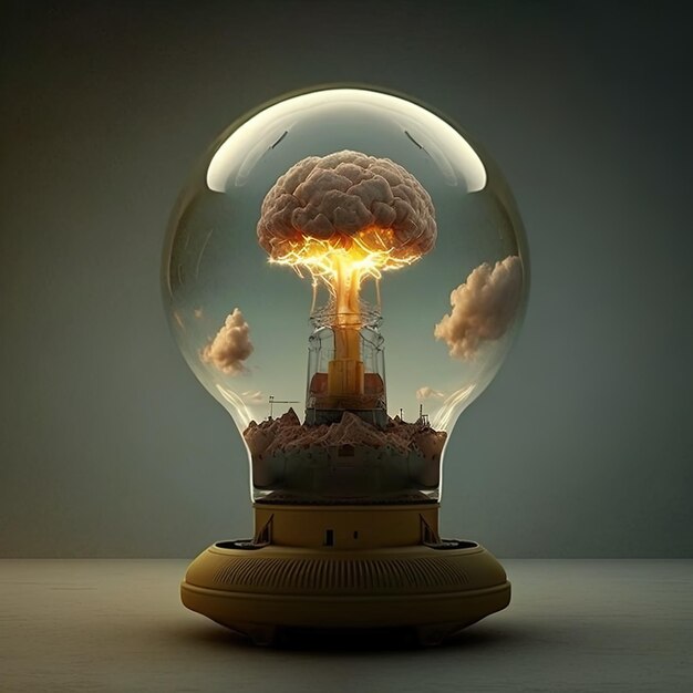 a glass light bulb with a picture of a nuclear explosion