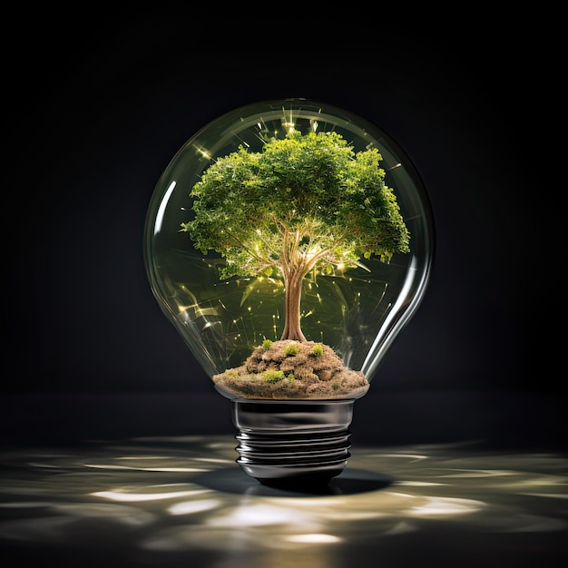 Glass light bulb with a tree inside closeup on dark background Energy saving Green electricity