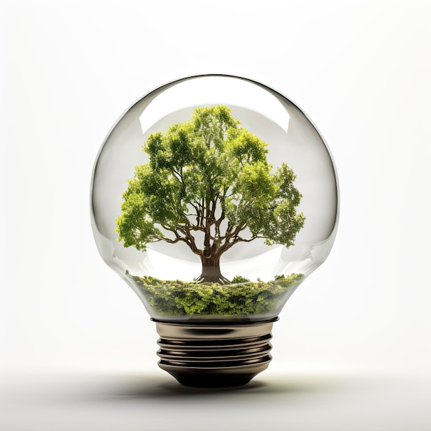 Glass light bulb with a tree inside closeup on light background Energy saving Green electricity