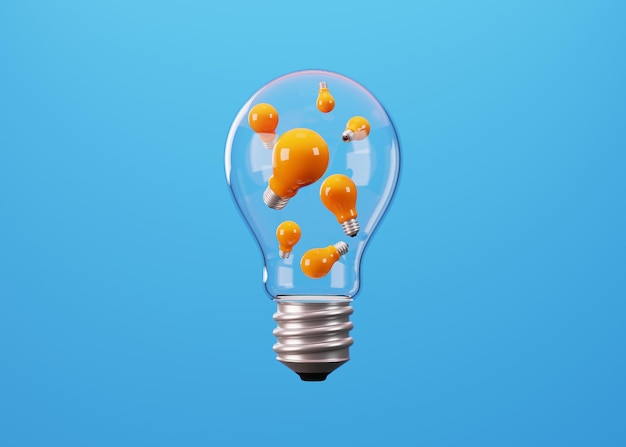 Glass light bulb and yellow light bulbs inside on blue background 3D Minimal concept of idea