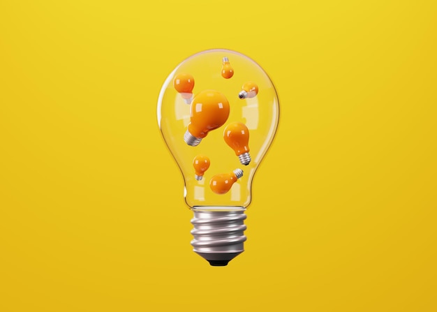 Glass light bulb and yellow light bulbs inside on yellow background 3D Minimal concept of idea