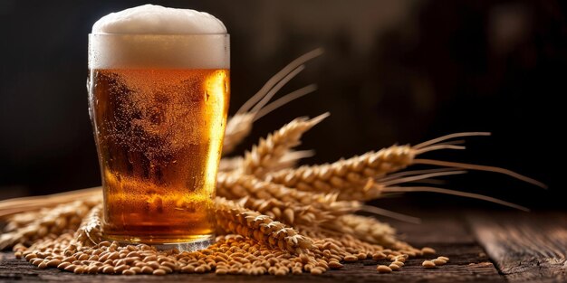 glass of light wheat beer on a wooden table with ears of wheat Generative AI