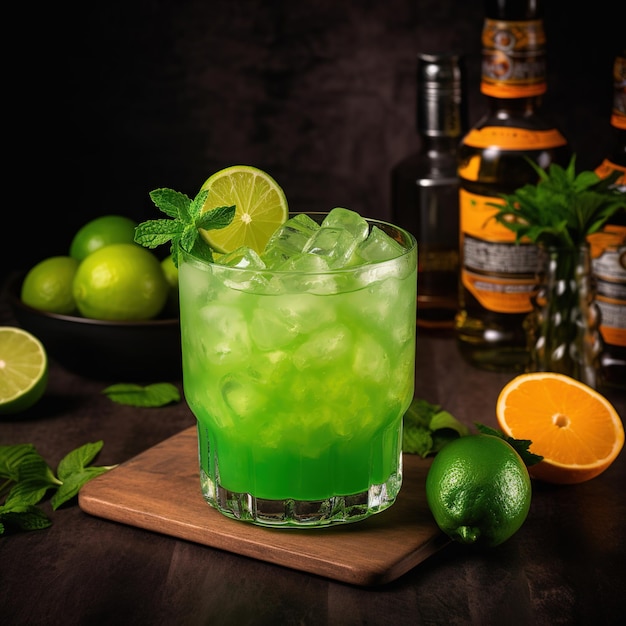 A glass of lime juice with a lime and limes on a wooden board