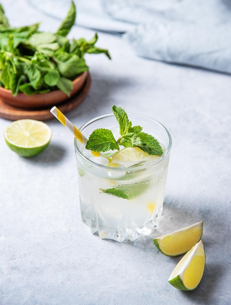 Glass of lime lemonade mojito on the table with lime slices and  mint . Top view  and copy space image