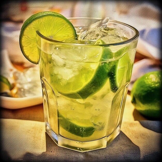 A glass of lime and lime juice with a slice of lime on the rim.