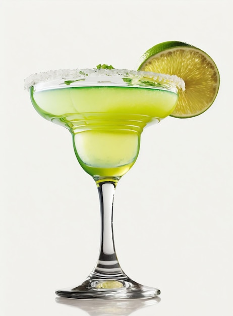 A glass of lime margarita with a lime wedge on the rim