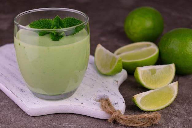 A glass of lime and mint smoothieCloseup