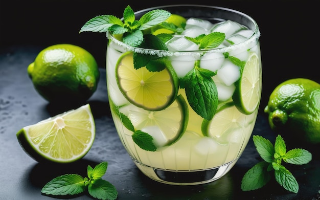 A glass of limeade with limes and mint leaves